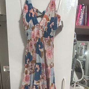 Angie Floral Mini Dress in Blue, Pink & Brown